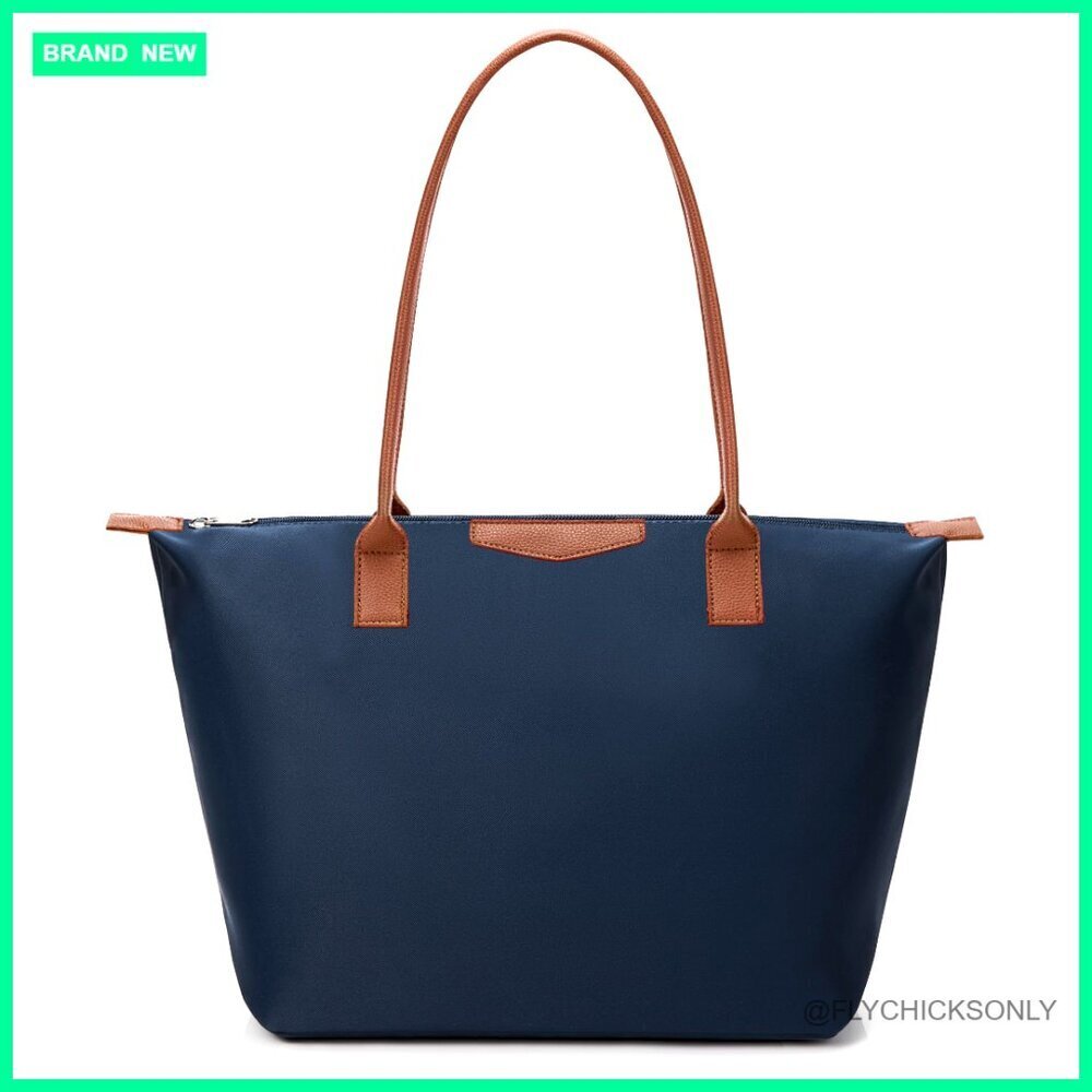 Large Nylon Tote Bag with Leather Handles, Zipper Closure, Foldable Hobo Purse